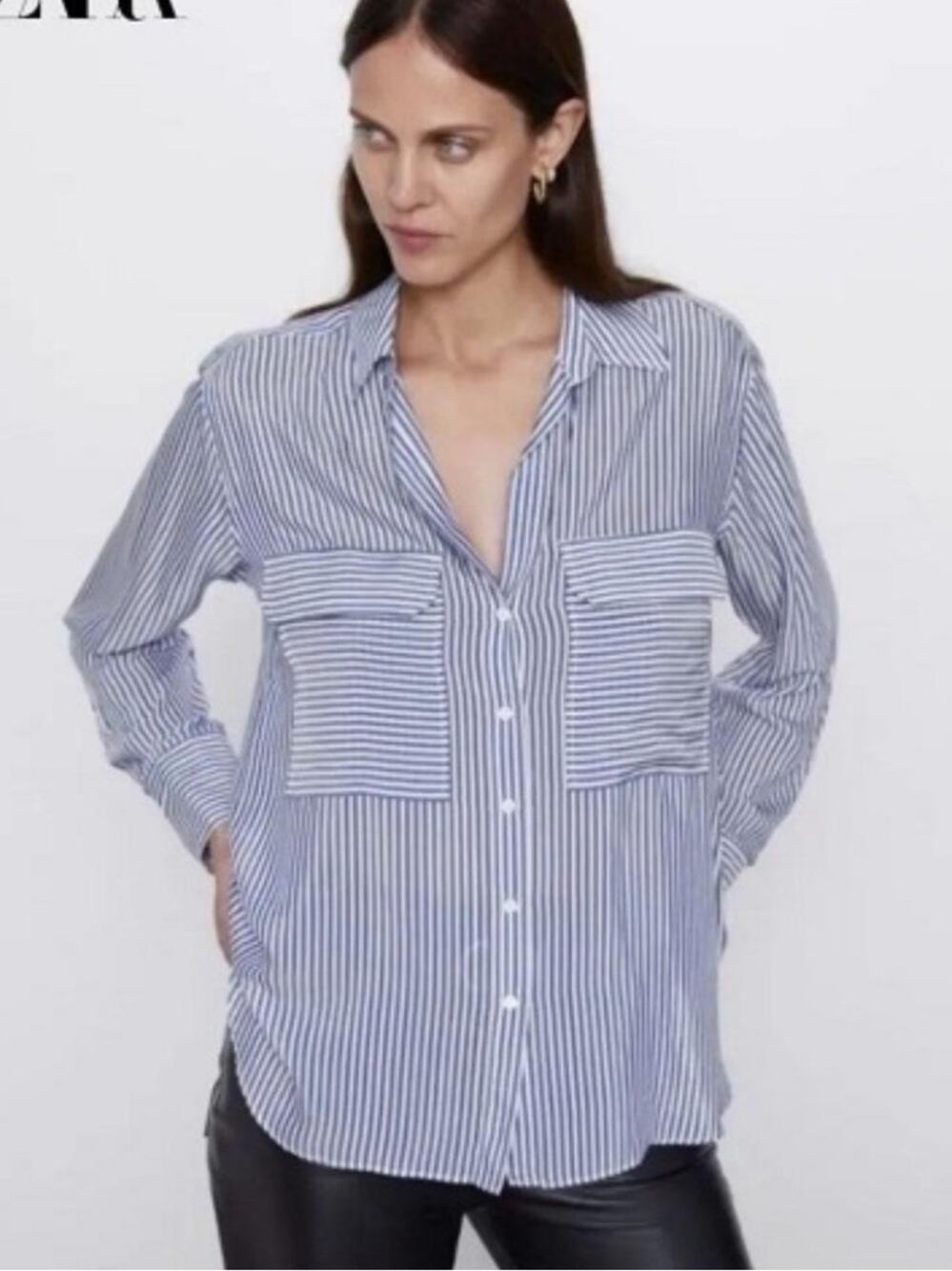 Zara Blue and White Striped Hi Low Button Down Shirt